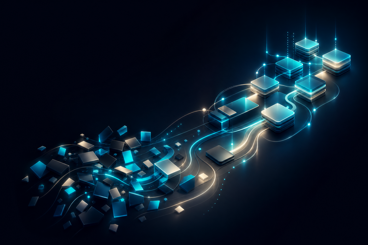 Abstract teal pathways converging into a clear operating system